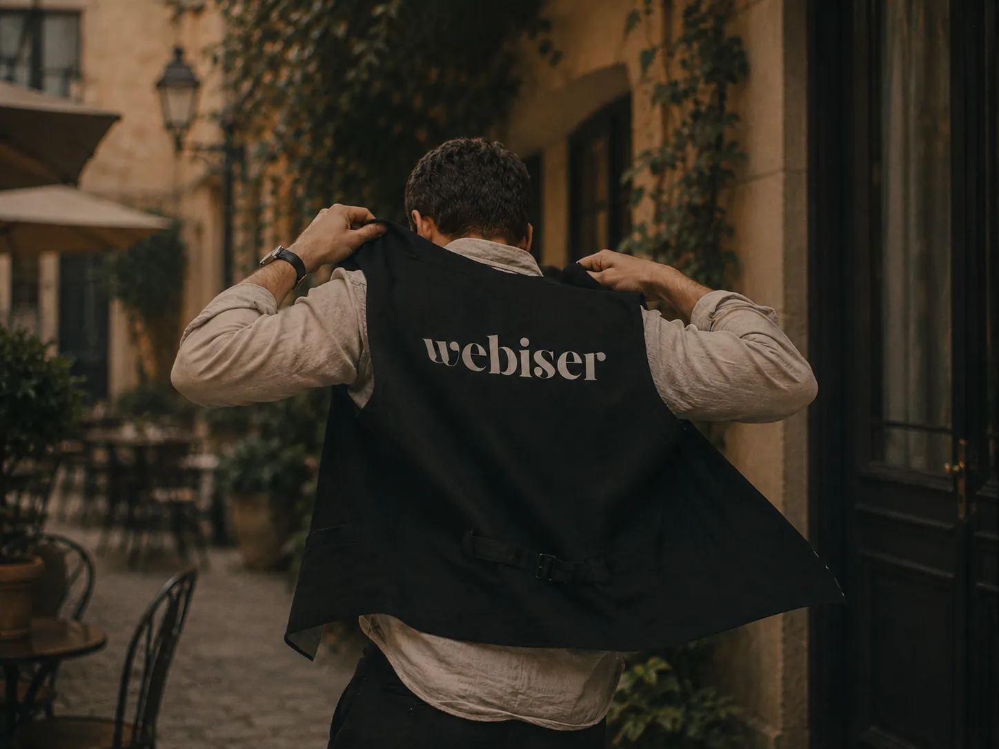 Person som tar på seg en vest med Webiser-logoen på ryggen