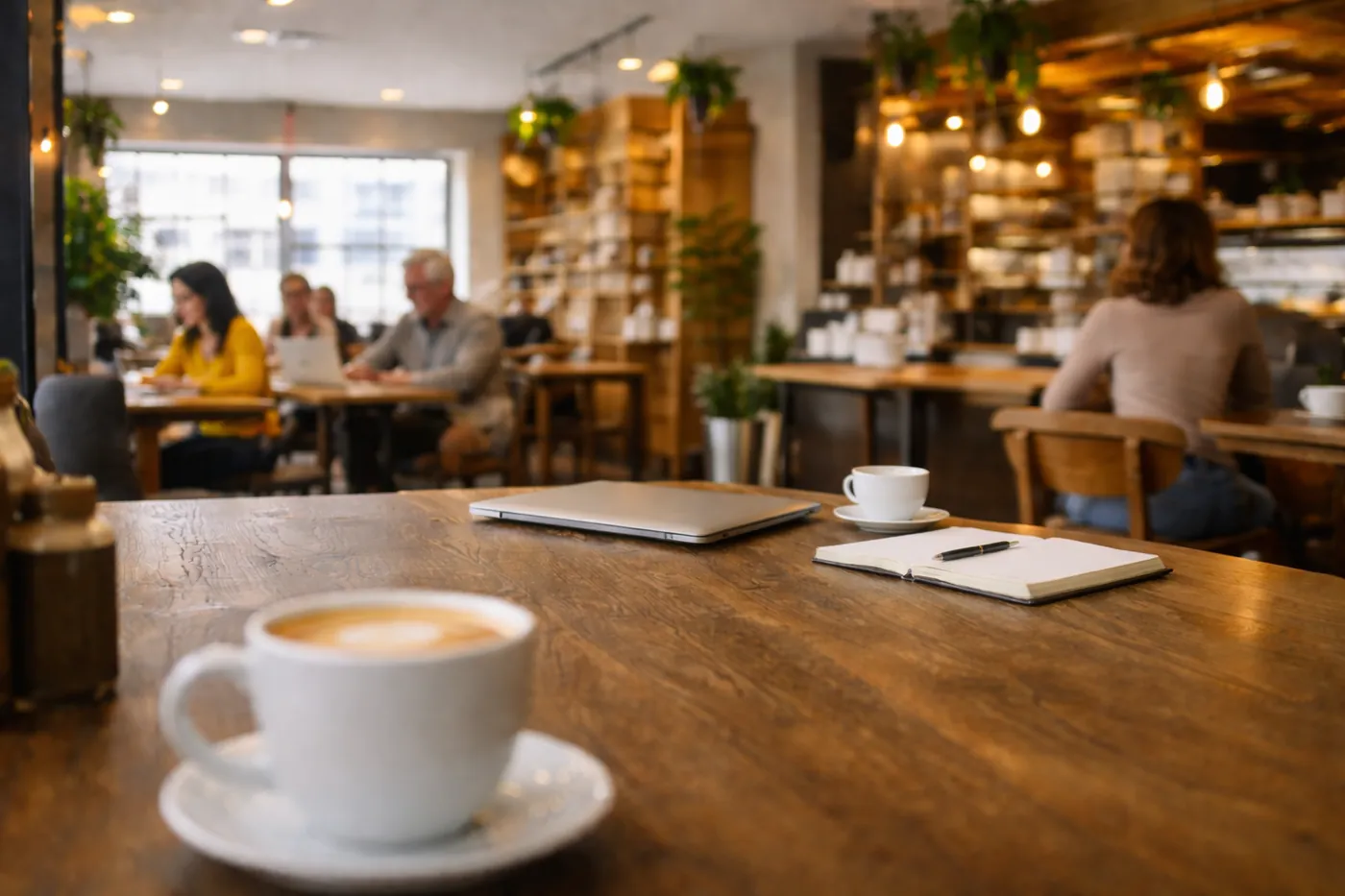 Kaffekopp og bærbar PC på et kafébord